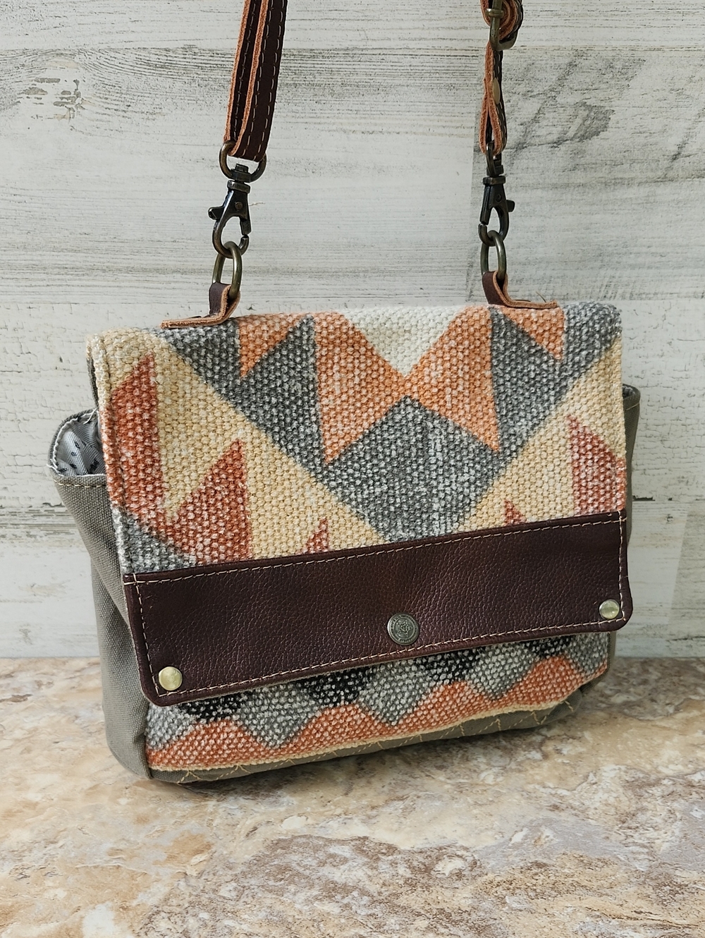 MYRA BAG GEOMETRIC TAPESTRY/LEATHER AND CANVAS SHOULDER/CROSSBODY BAG